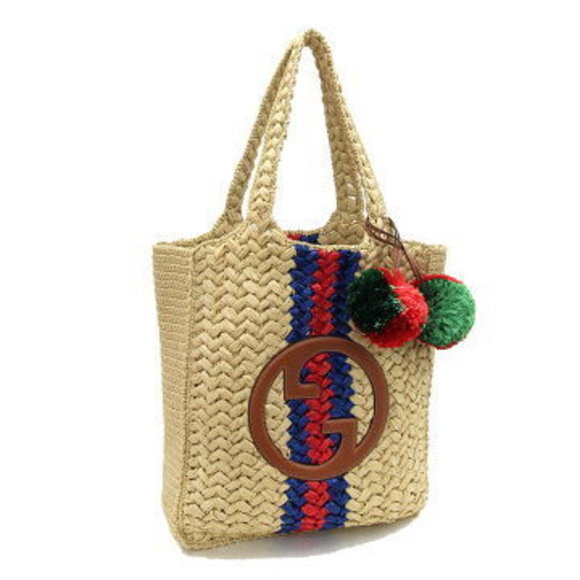 Gucci Tote Bag Beige Blue Red Straw GG vertical - Picture 1 of 8